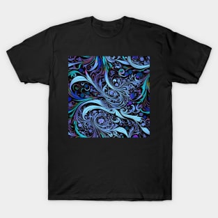 Psychedelic Art Nouveau Alphonse Mucha Blue on Black Floral Graphic Print T-Shirt